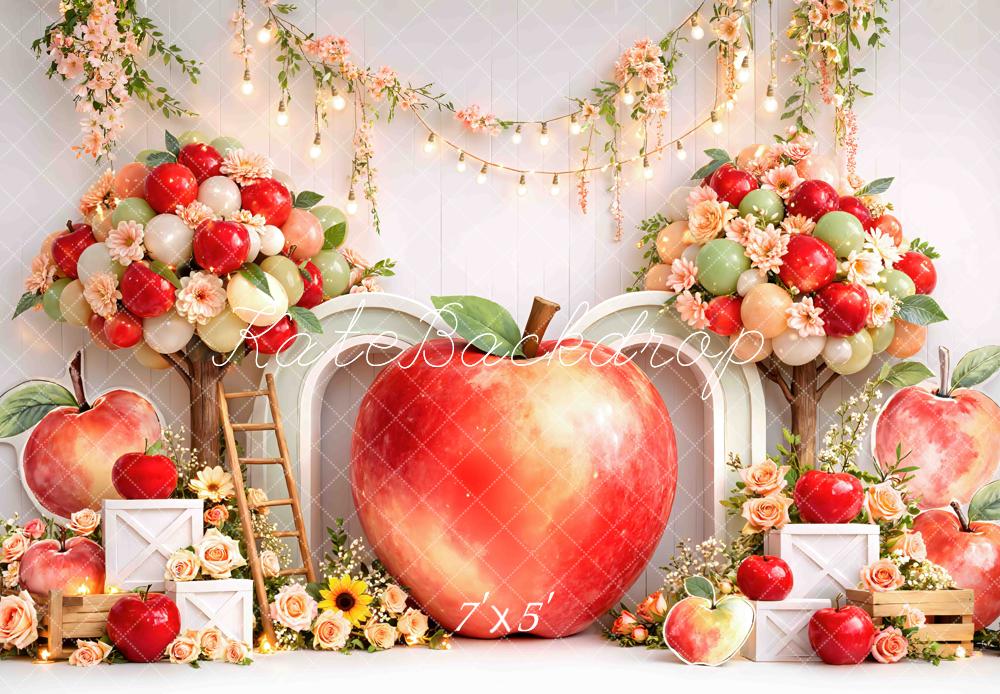Kate Cake Smash Apple Balloon Arch Floral Crates Printed Backdrop Designed by Mini MakeBelieve