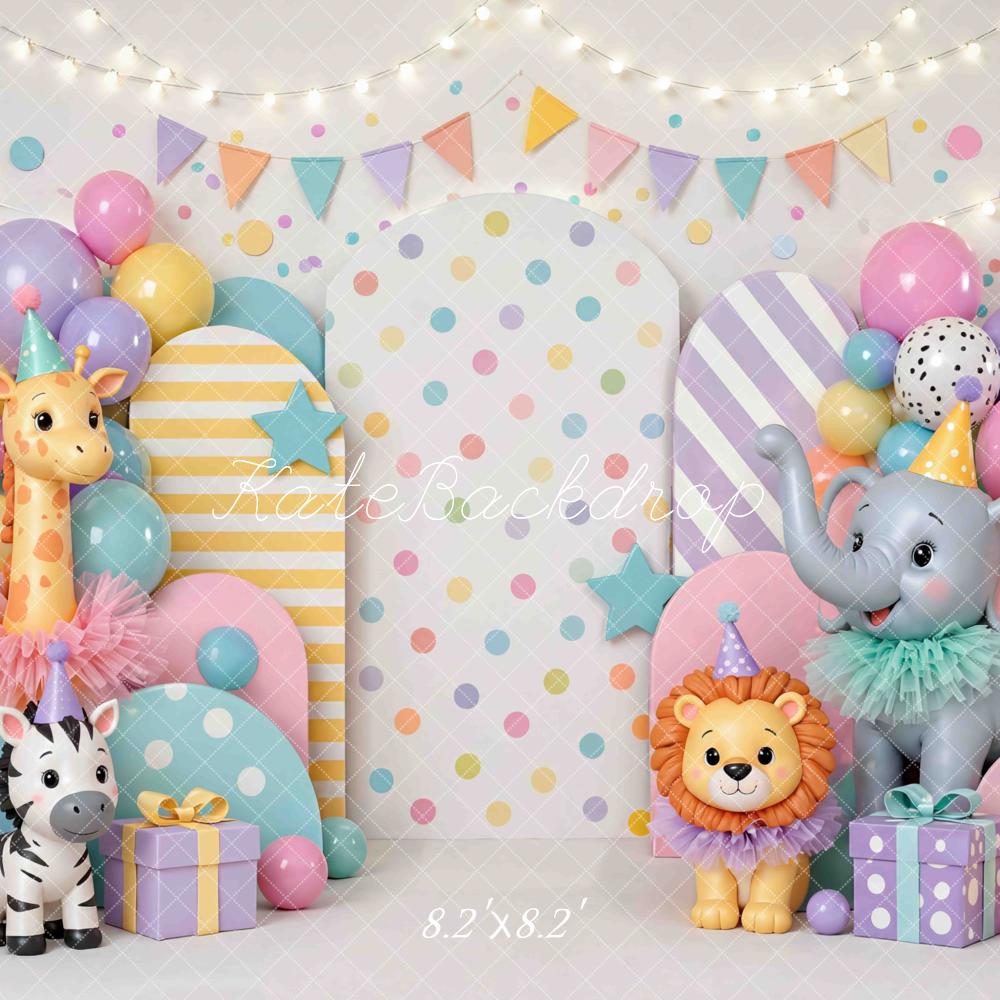 Kate Cake Smash Circus Animal Balloons Stars Pastel Printed Backdrop Designed by Mini MakeBelieve