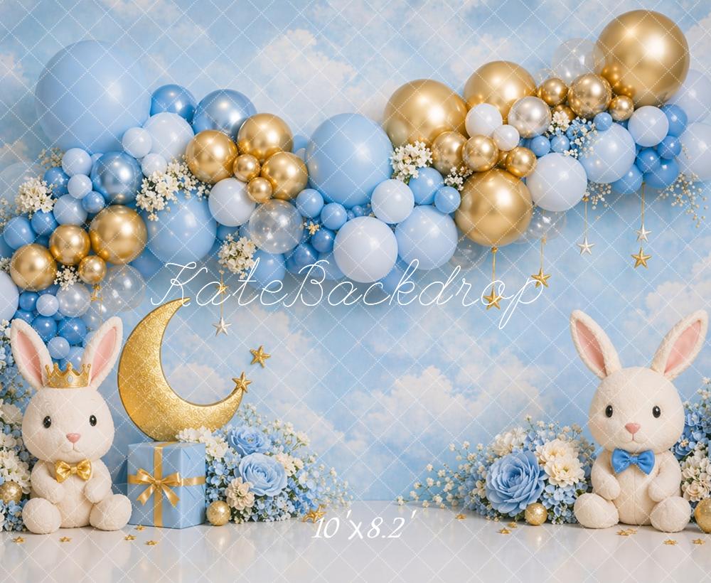 Kate Cake Smash Blue Bunny Balloon Arch Moon Stars Printed Backdrop Designed by Caitlin Lynch