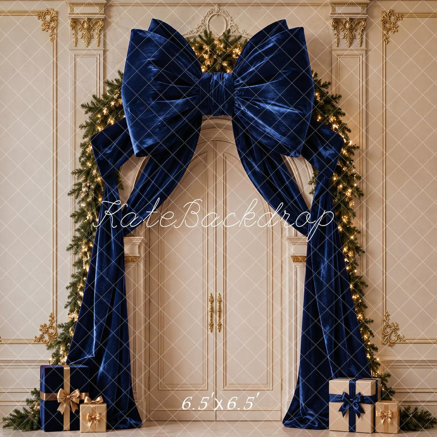 Kate Christmas Navy Velvet Bow Garland Arch Vintage Printed Backdrop D