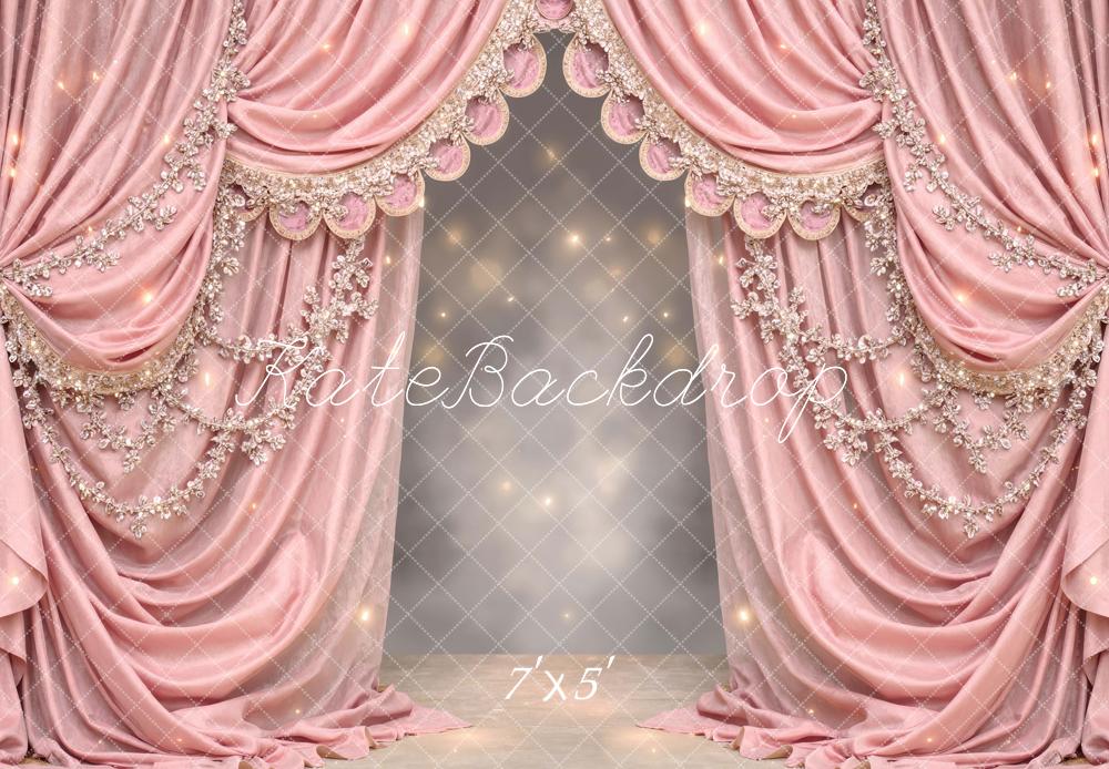 Kate Pink Draped Curtains with Floral Embellishments Printed Backdrop Designed by Mini MakeBelieve