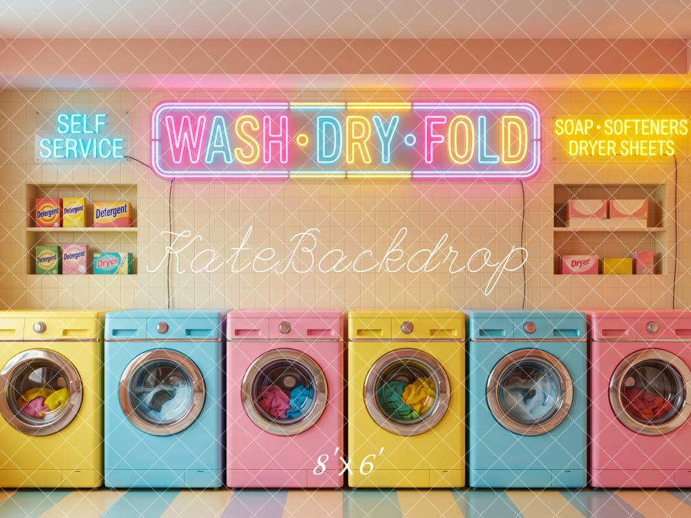 Kate Pastel Laundry Machines Neon Signs Printed Backdrop Designed by Patty Roberts