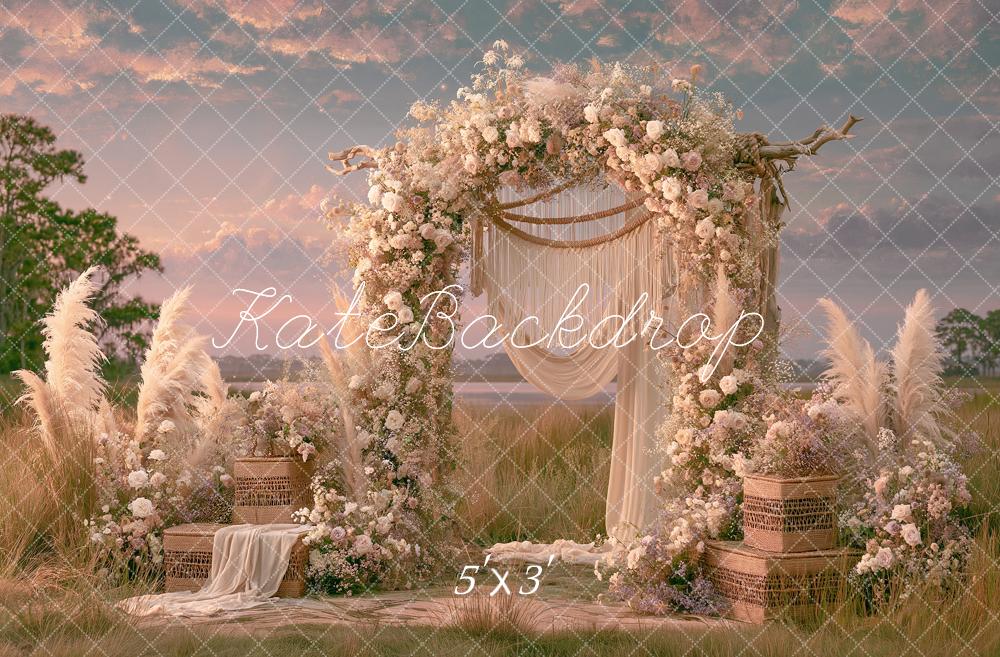 Kate Boho Sunset Flower Arch Pampas Grass Wicker Baskets Sunset Printed Backdrop Designed by Angela Miller