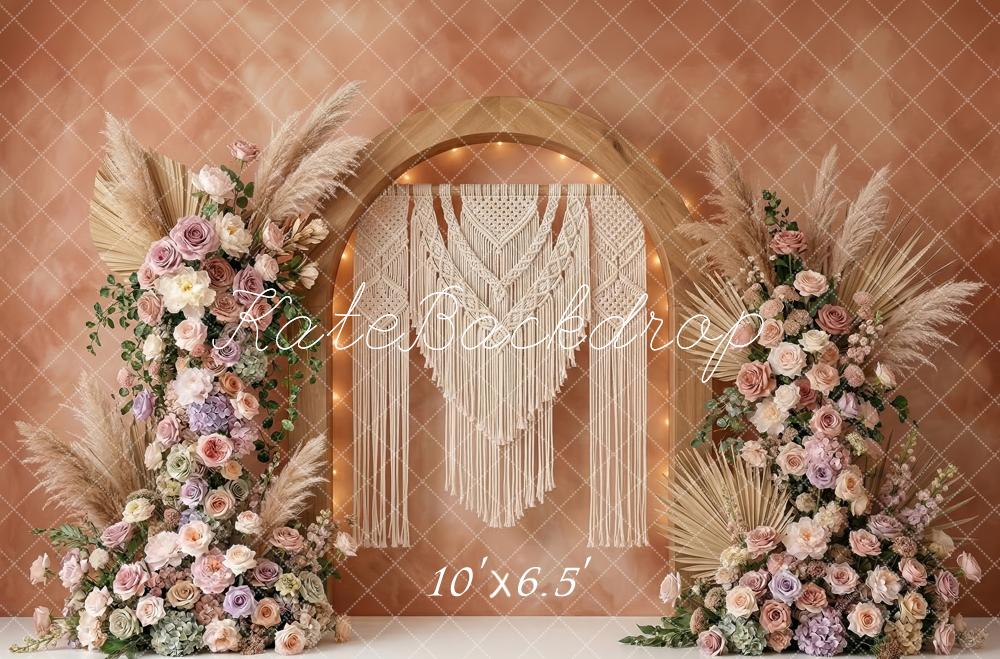 Kate Boho Arch Macrame Pampas Grass Pastel Flowers Printed Backdrop Designed by Patty Roberts