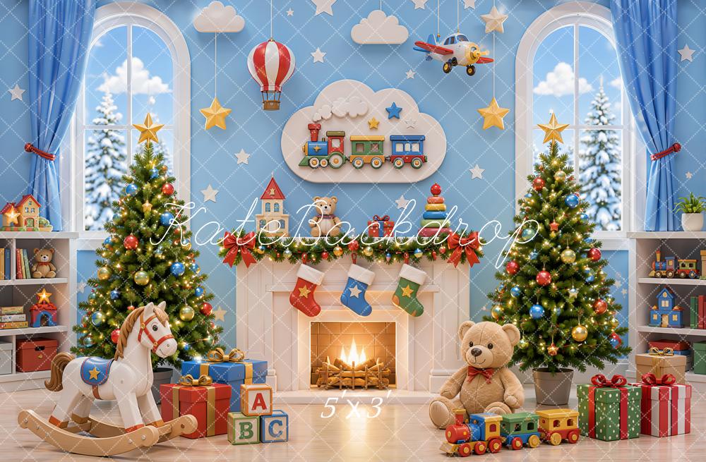 Kate Christmas Toy Room Fireplace Trees Train Rocking Horse Teddy Bear Printed Backdrop Designed by Emetselch