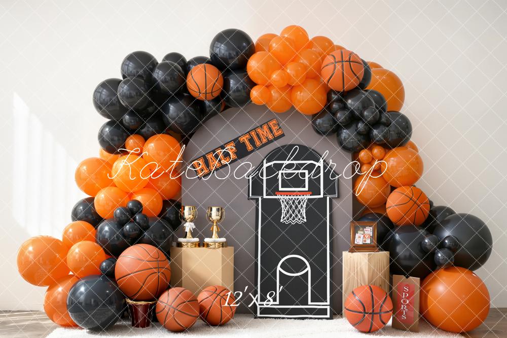 Kate Cake Smash Basketball Hoop Half Time Orange Black Balloons Backdrop Designed by Emetselch