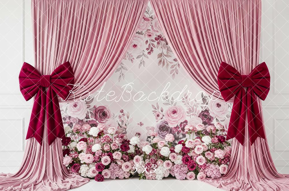 Kate Mother's Day Pink Curtain Floral Wall with Red Bows Backdrop Designed by Patty Roberts