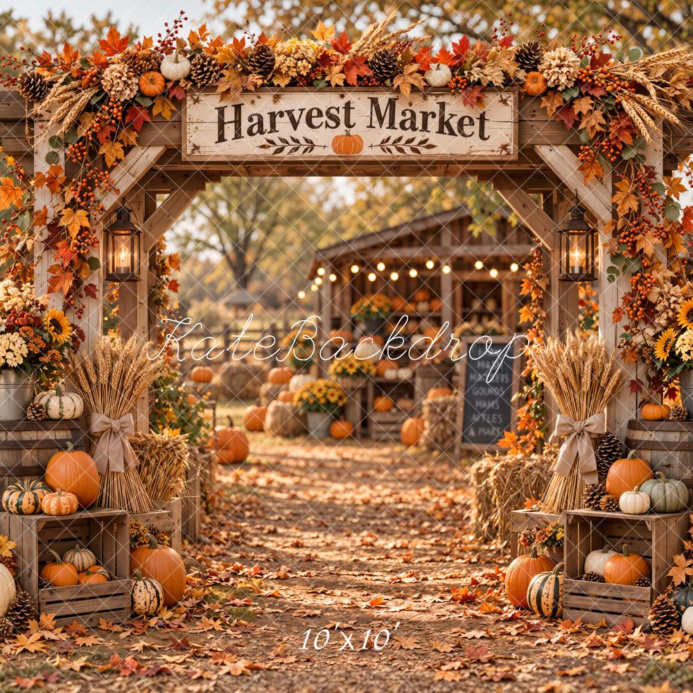 Kate Fall Harvest Market Arch Pumpkins Cabin Printed Backdrop Designed by Emetselch
