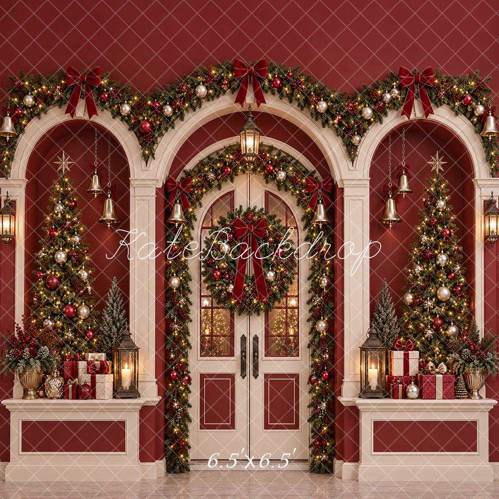 Kate Christmas Red Doorway Arch Garland Wreath Bells Printed Backdrop Designed by Vertigo Productions
