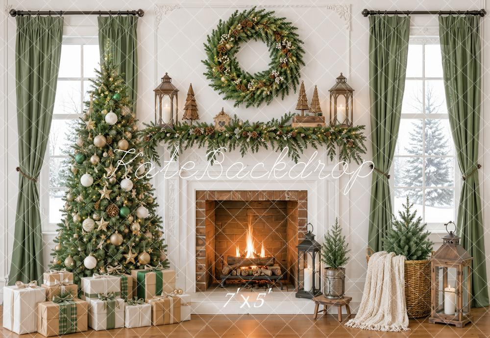 Kate Christmas Fireplace Tree Wreath Garland Lanterns Winter Window Printed Backdrop Designed by Emetselch