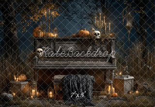Kate Halloween Vintage Piano Pumpkins Skulls Candles Printed Backdrop Designed by Emetselch