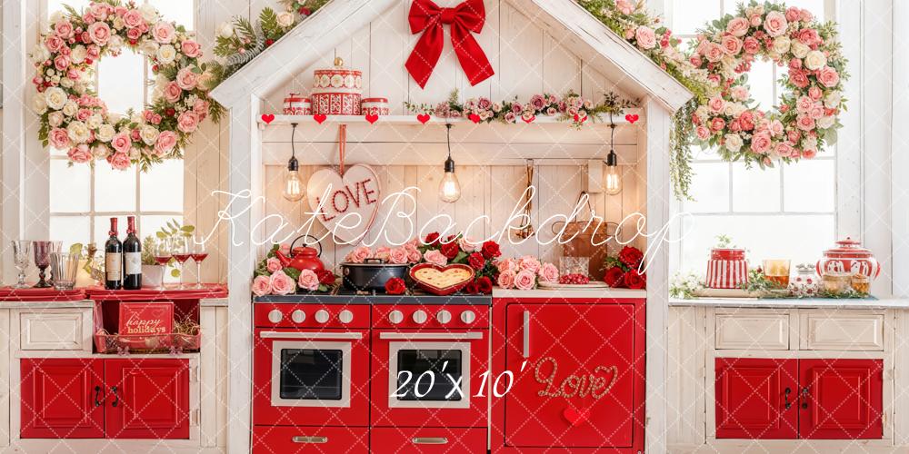 Kate Valentine's Day Kitchen Baking Red Roses Wreath Bow Backdrop Designed by Emetselch