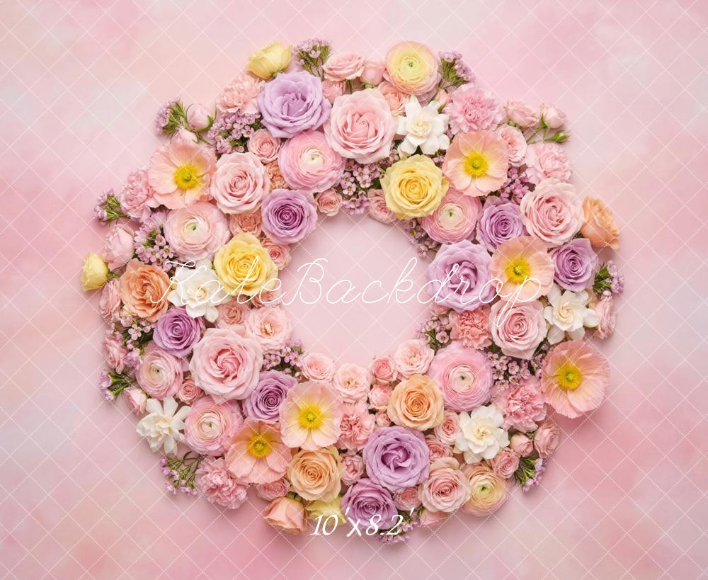 Kate Pink Flower Arch Pastel Floral Wreath Newborn Printed Backdrop Designed by Mini MakeBelieve