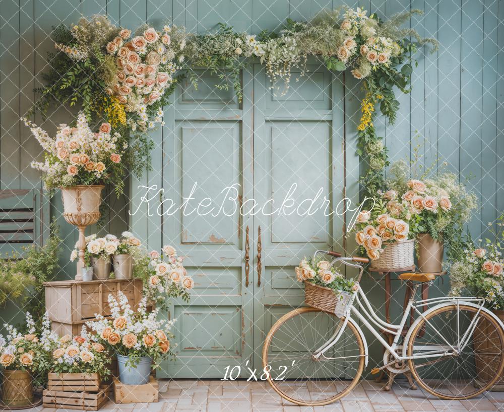 Kate Spring Flower Arch Bicycle Mint Green Door Printed Backdrop Designed by Emetselch