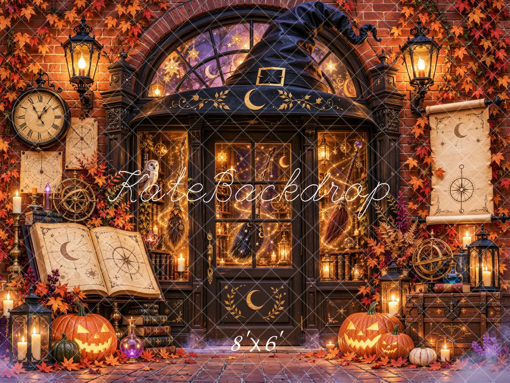Kate Halloween Magical Apothecary Pumpkin Clock Library Printed Backdrop Designed by Emetselch