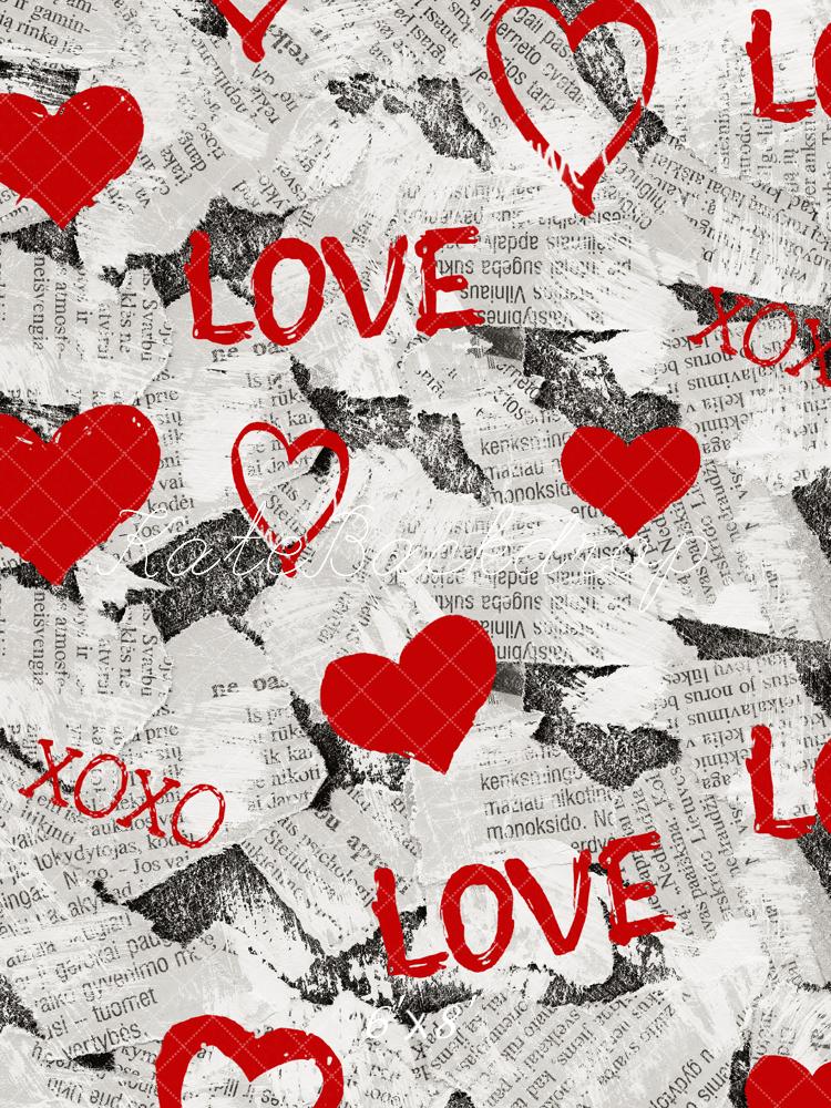 Kate Valentine's Day Red Hearts Graffiti Newspaper Collage Printed Backdrop Designed by Emetselch