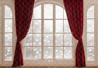 Kate Valentines Red Curtain Arch Window Heart Bokeh Printed Backdrop Designed by Emetselch