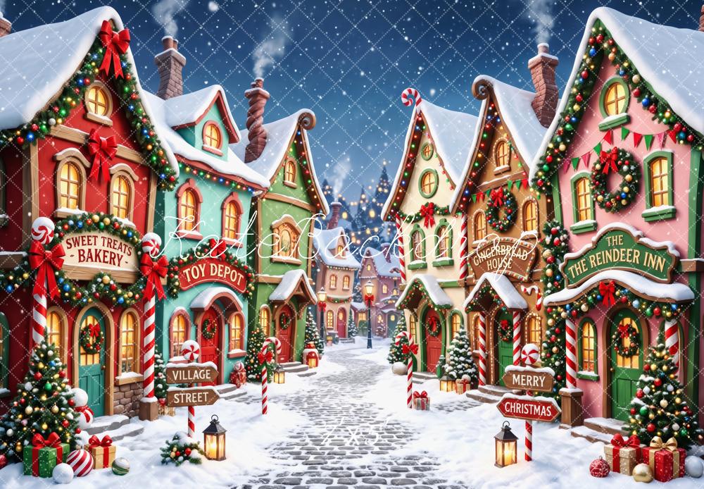 Kate Christmas Whimsical Snowy Village Street Candy Cane Garland Printed Backdrop Designed by Patty Roberts