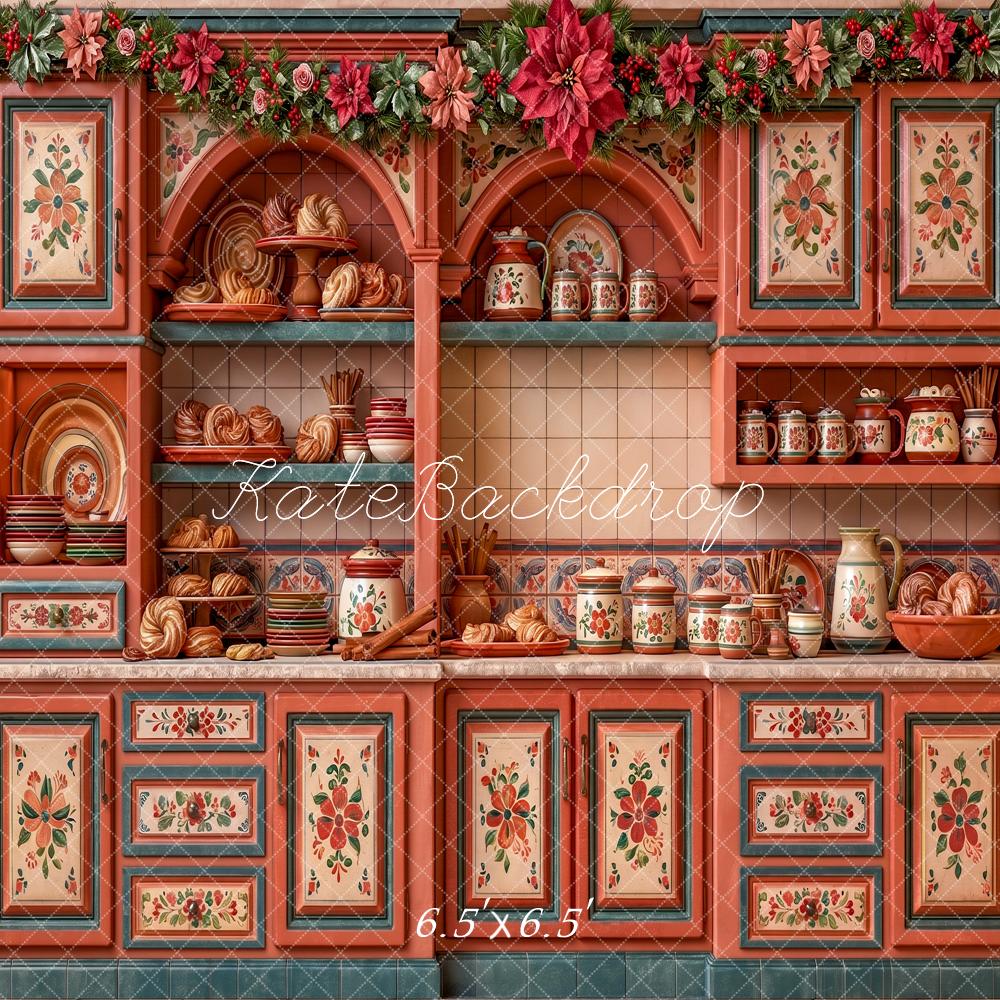 Kate Christmas Cultural Red Vintage Kitchen Cabinet Floral Garland Printed Backdrop Designed by Angela Miller