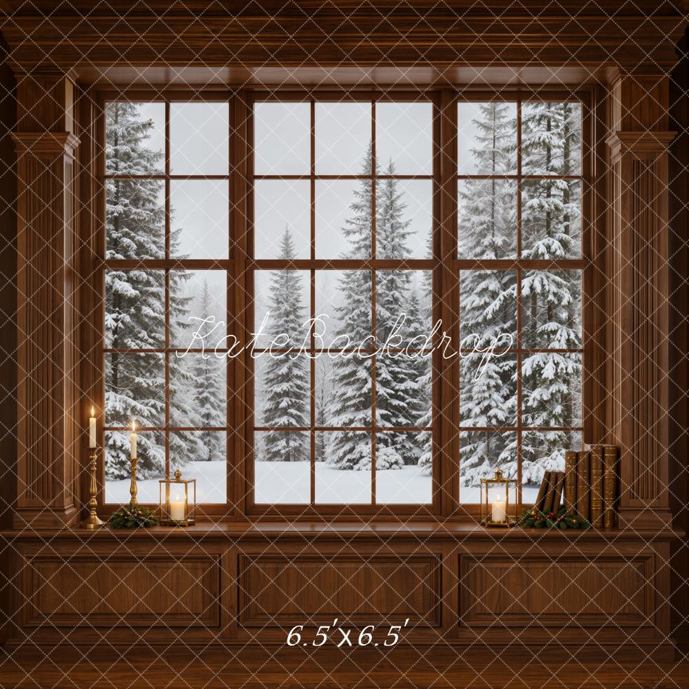 Kate Winter Window Snowy Pine Trees Vintage Wall Printed Backdrop Designed by Emetselch