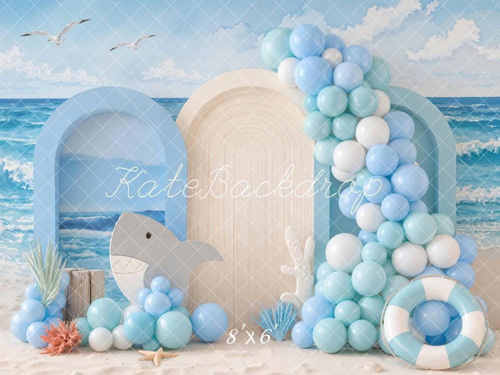 Kate Summer Birthday Ocean Shark Balloon Arch Beach Printed Backdrop Printed Backdrop Designed by Emetselch