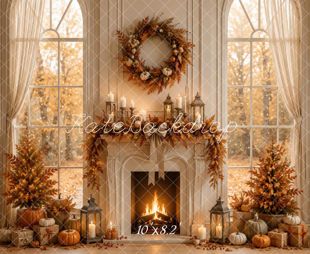 Kate Fall Fireplace Window Pumpkin Wreath Cozy Printed Backdrop Designed by Emetselch