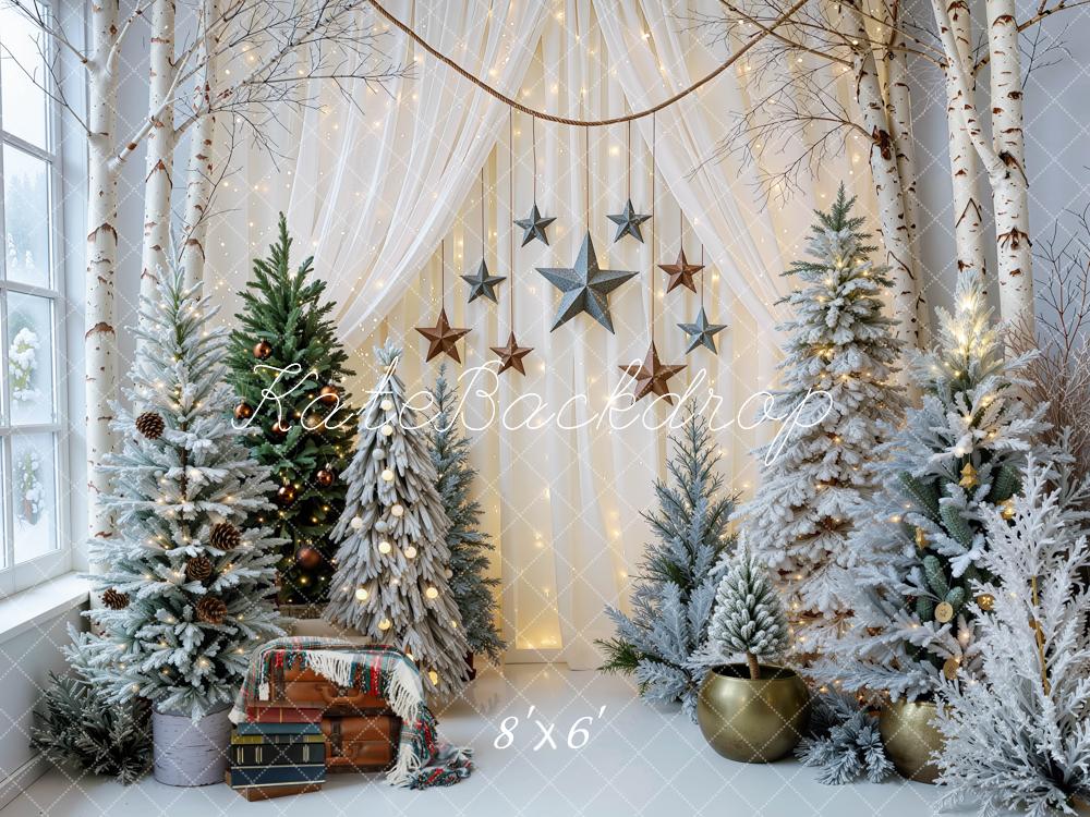 Kate Christmas Indoor Snowy Trees Cream White Curtains Stars Garland Printed Backdrop Designed by Mini MakeBelieve