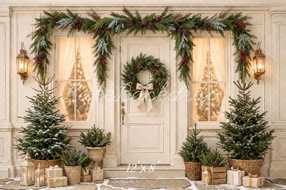 Kate Christmas White Doorway Wreath Garland Pine Trees Rustic Printed Backdrop Designed by Emetselch
