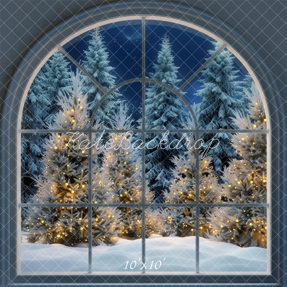 Kate Christmas Trees Night Snowy Arch Window Backdrop Designed by Mini MakeBelieve