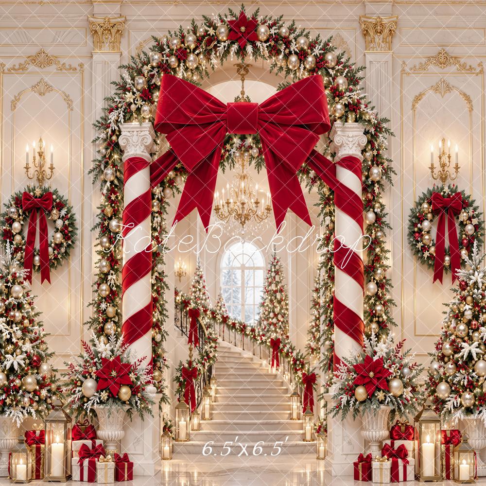 Kate Christmas Red Bow Candy Cane Arch Staircase Printed Backdrop Designed by Emetselch