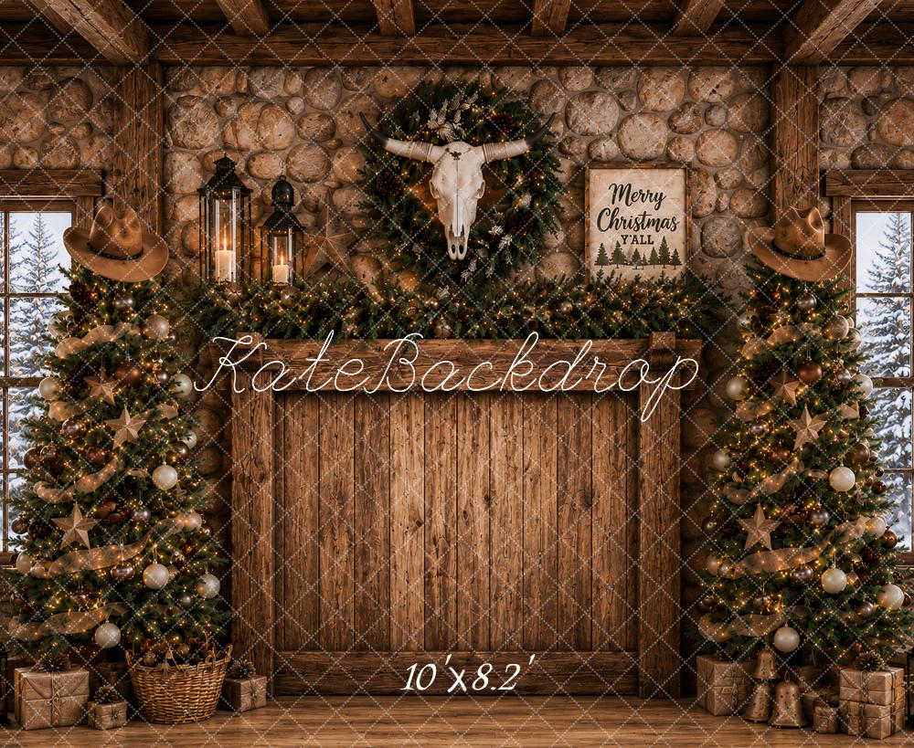 Kate Christmas Headboard Western Cow Skull Christmas Trees Stone Wall Printed Backdrop Designed by Ashley Paul