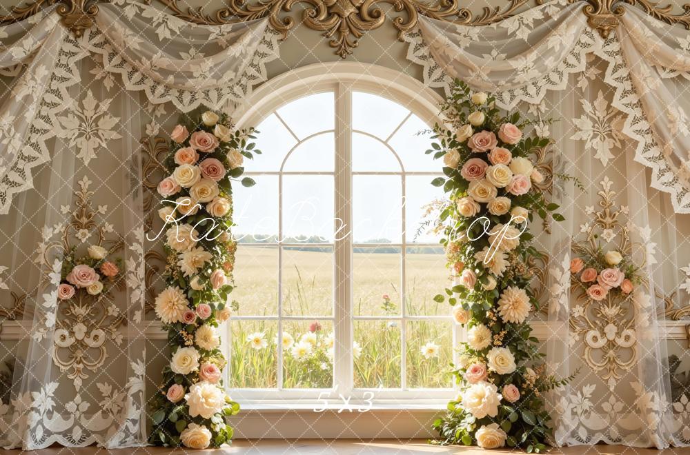 Kate Spring Flower Arch Window Gold Lace Curtains Backdrop Designed by Mini MakeBelieve