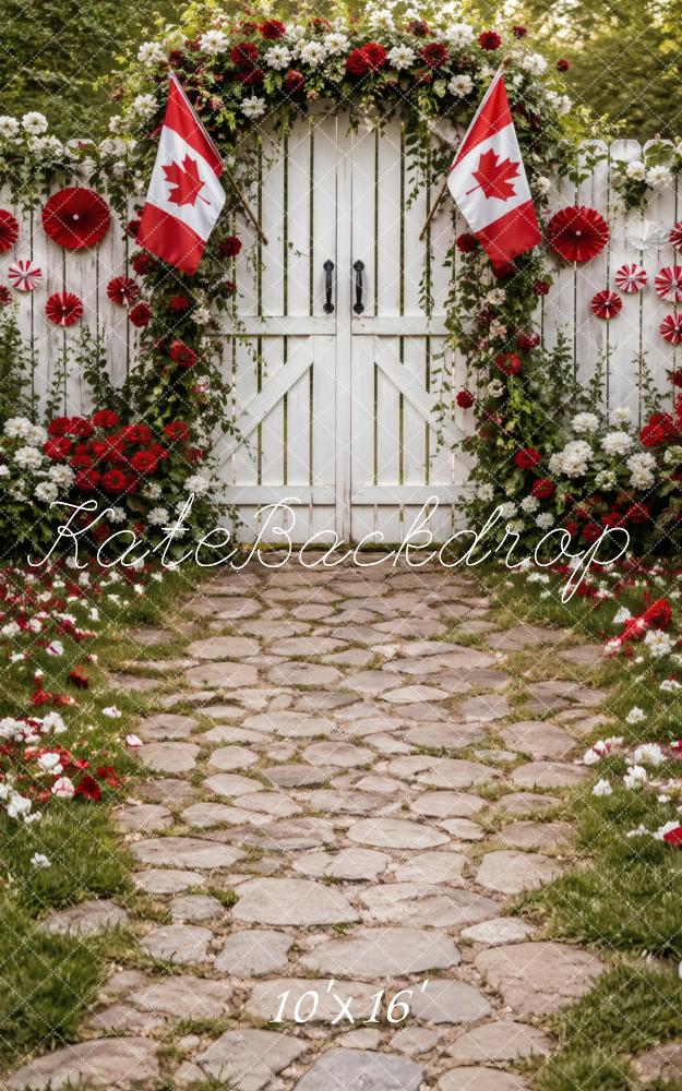 Kate Sweep Canada Day Flower Arch White Gate Cobblestone Path Printed Backdrop Designed by Vertigo Productions