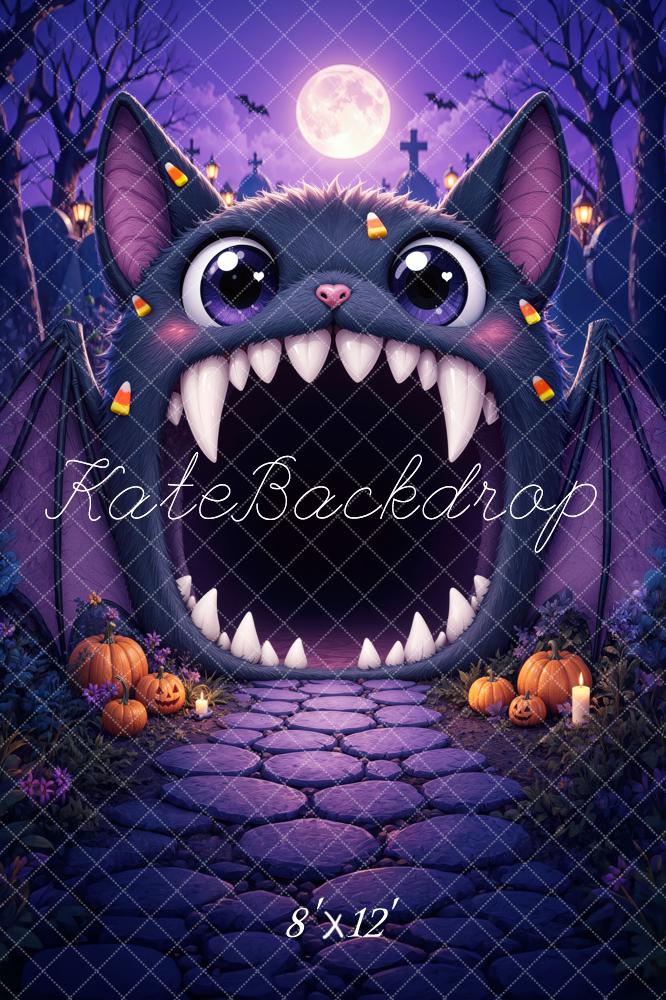 Kate Halloween Trunk or Treat Purple Bat Monster Pumpkins Cobblestone Printed Backdrop Designed by Mini MakeBelieve