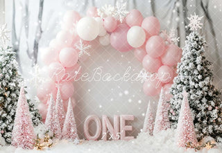 Kate Winter Christmas 1st Birthday Wonderland Pink Balloon Printed Backdrop Designed by Emetselch