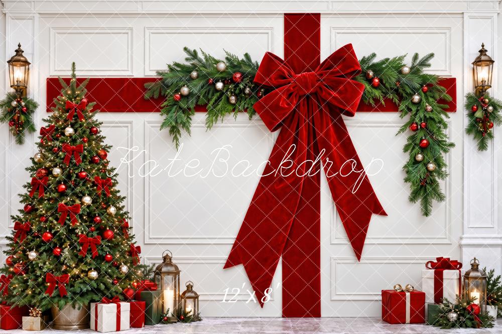 Kate Christmas Tree Red Bow Garland White Wall Gift Printed Backdrop Designed by Patty Roberts