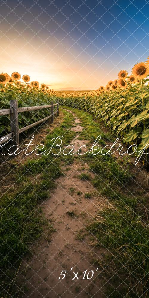 Kate Sweep Summer Sunflower Field Dirt Path Sunset Printed Backdrop Designed by Happy Squirrel Design