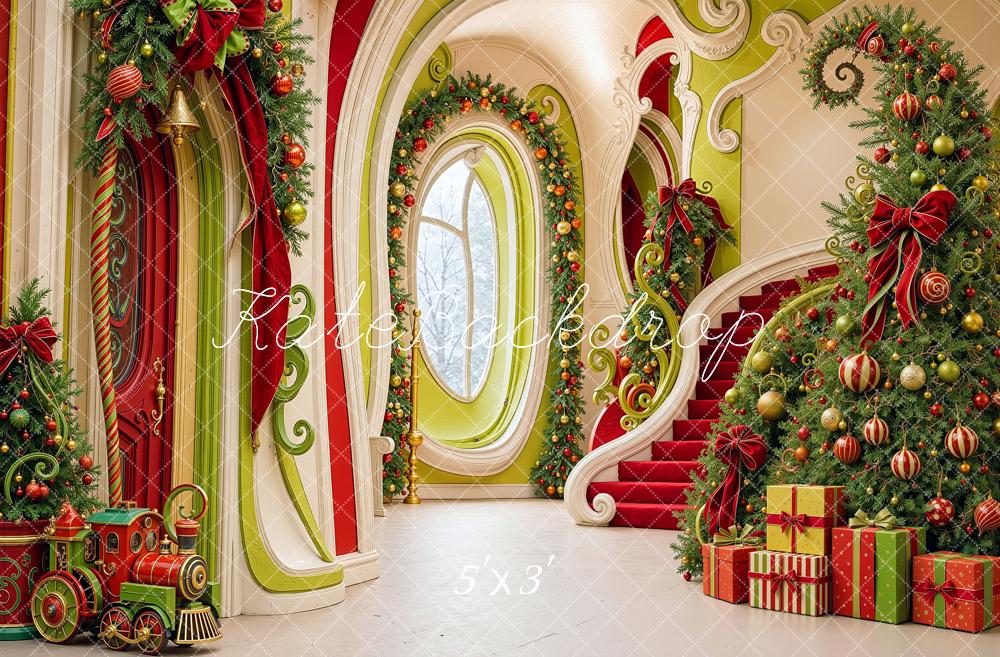 Kate Christmas Cascading Stairs Elf Hallway Tree Printed Backdrop Designed by Shutter Swan Studios