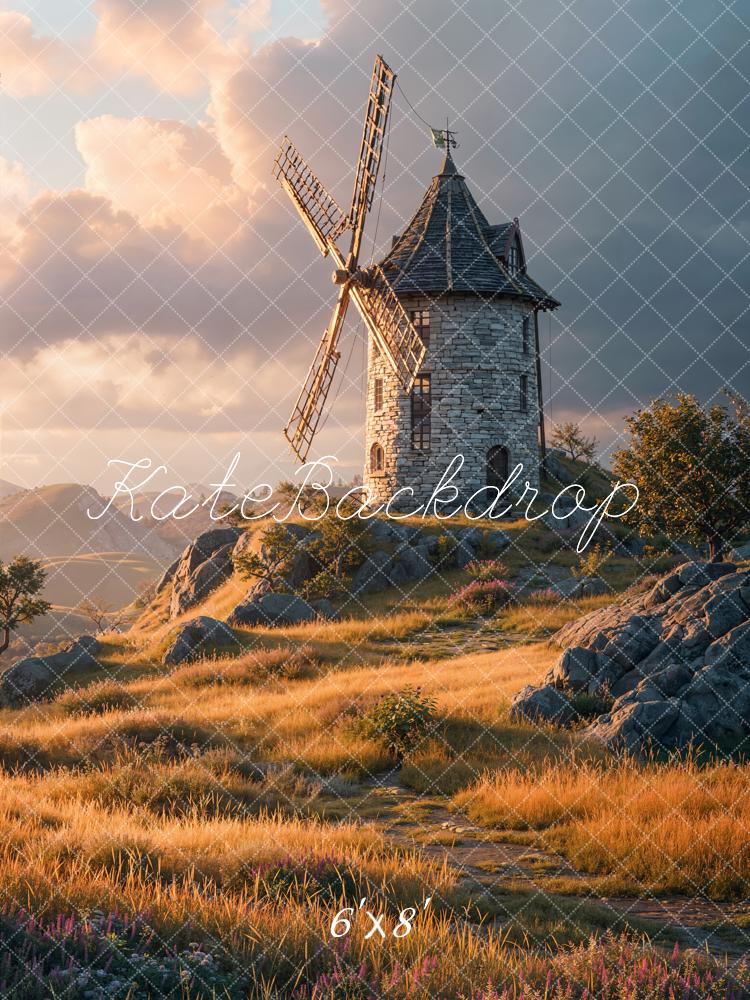 Kate Windmill Stone Sunrise Meadow Printed Backdrop Designed by Chain Photography