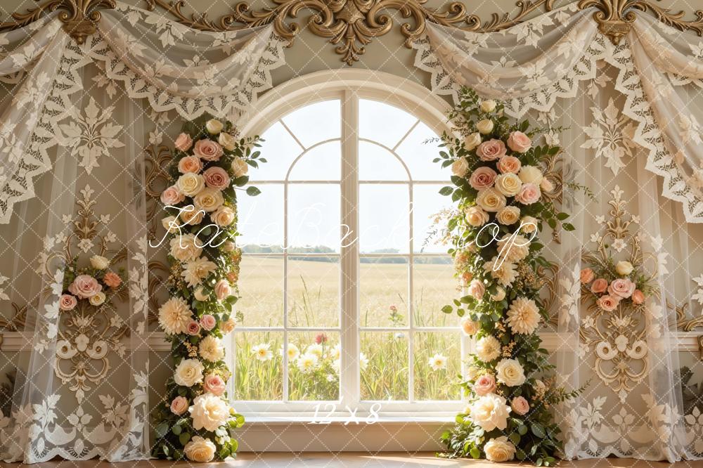 Kate Spring Flower Arch Window Gold Lace Curtains Backdrop Designed by Mini MakeBelieve