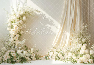 Kate Boho White Flower Arch Cream Roses Drapes Printed Backdrop Designed by Emetselch