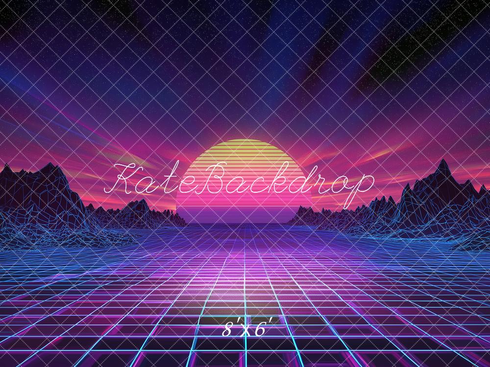 Kate Retro Grid Neon Sunset Landscape Printed Backdrop Designed by Angela Miller