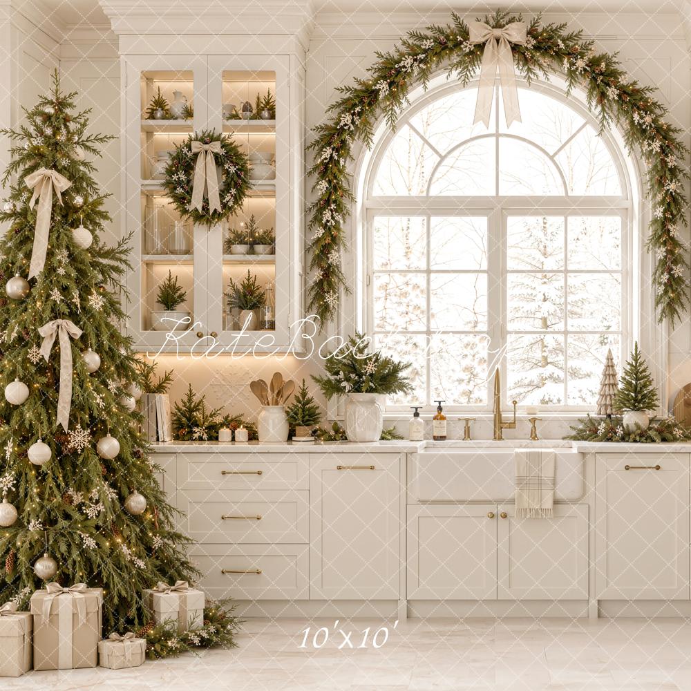 Kate Christmas White Kitchen Cabinet Window Trees Garland Printed Backdrop Designed by Emetselch