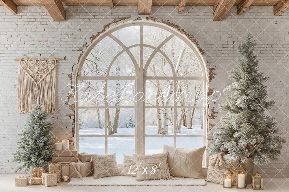 Kate Christmas Rustic Arched Window Snowy Trees Backdrop Designed by Emetselch