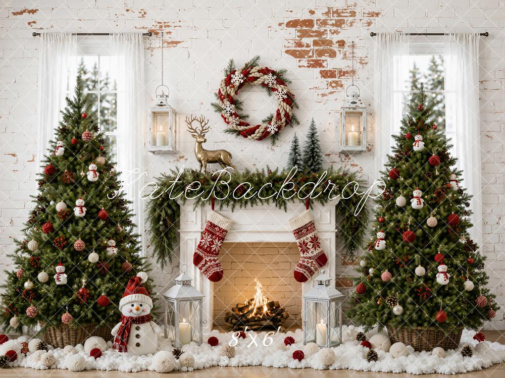 Kate Christmas Trees Fireplace Snowman Reindeer Wreath Vintage Wall Printed Backdrop Designed by Emetselch