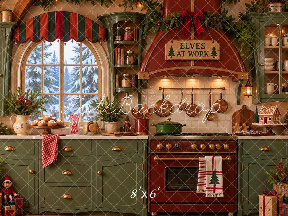 Kate Christmas Kitchen Crooked Elf Workshop Green Red Printed Backdrop Designed by Shutter Swan Studios