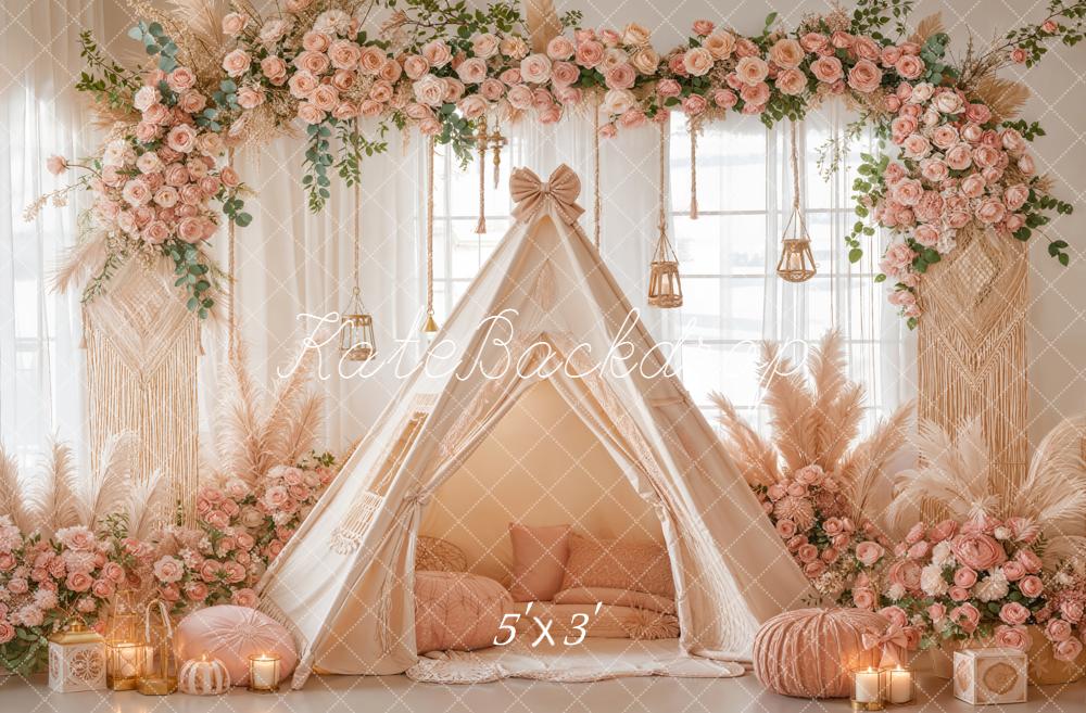 Kate Boho Flower Arch Teepee Pink Floral Macrame Backdrop Designed by Emetselch