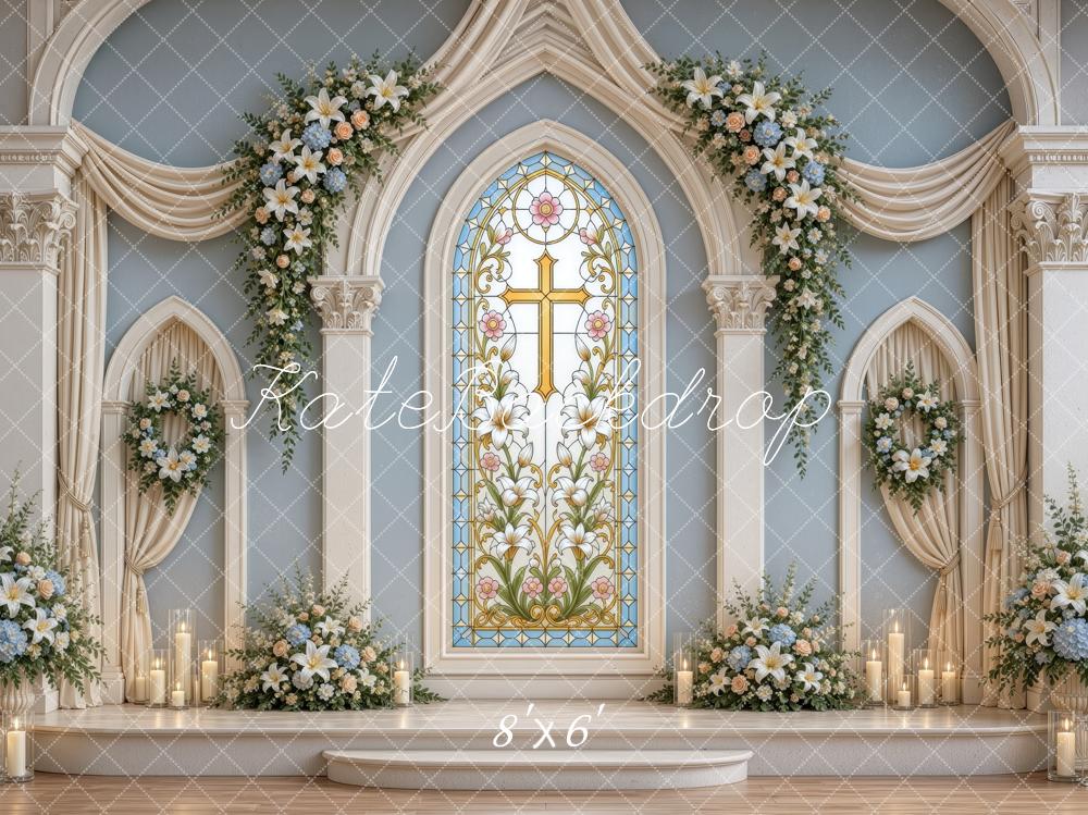 Kate Christian Church Sanctuary Stained Glass Cross Floral Printed Backdrop Designed by Ashley Ward