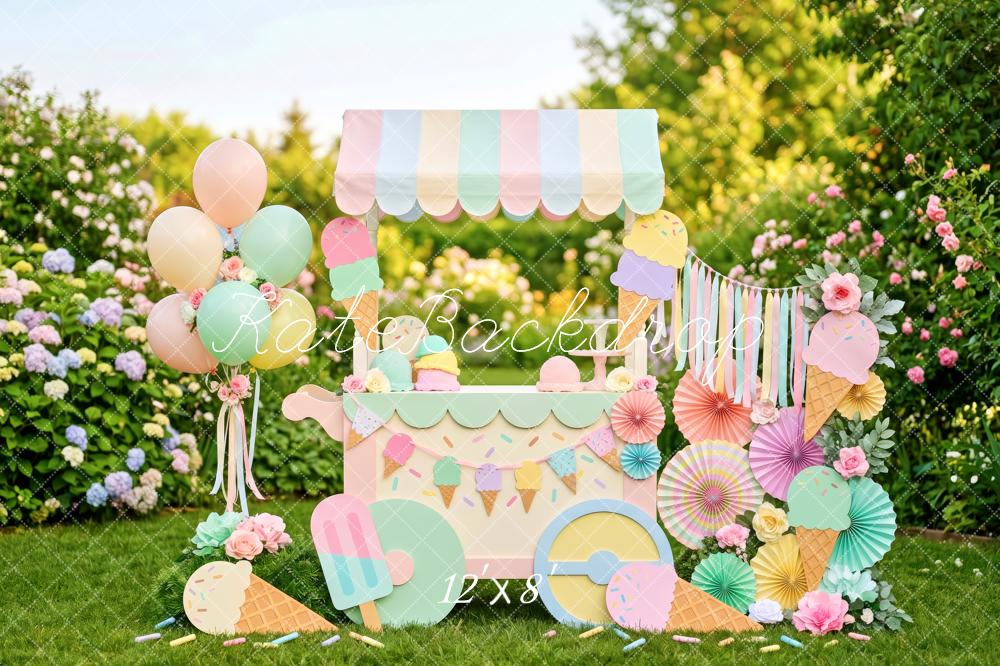 Kate Summer Garden Ice Cream Cart Pastel Balloons Flowers Kids Printed Backdrop Designed by Patty Roberts
