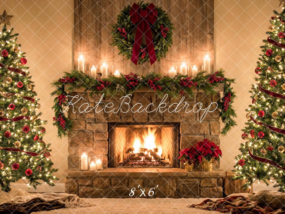 TEST Kate Christmas Tree Stone Fireplace Garland Red Bow Printed Backdrop Designed by Happy Squirrel Design